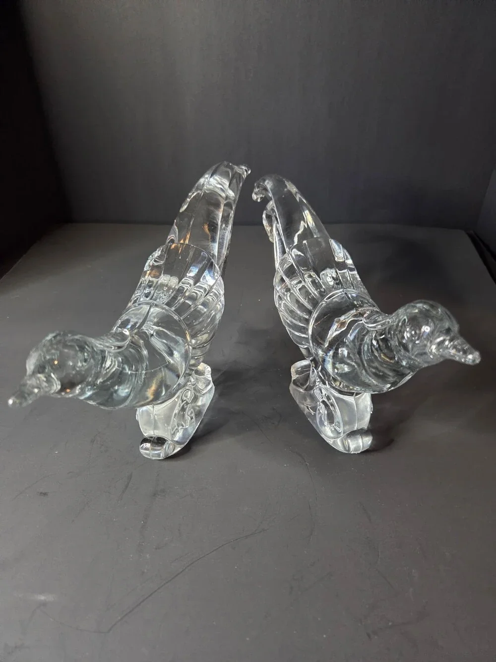 Vintage Paden City Glass Chinese Pheasant Figurines Clear Art Glass Pair 13
